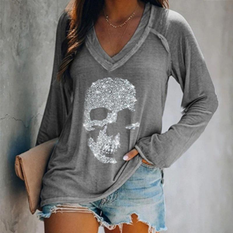 Felpa da donna con strass e motivo scheletro, scollo a V, maniche lunghe, top