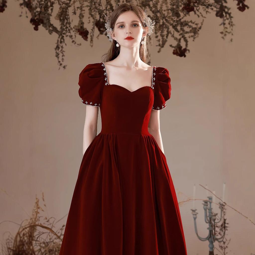 Velvet toasts 1011 new summer bride wedding engagement thin temperament burgundy bubble sleeve evening dress