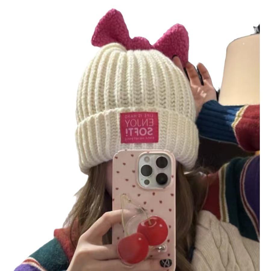 Autumn and Winter Candy colored Bow Woolen Hat for Women Korean Version  Versatile Face Showing Small Warm Knitted Hat for Students  Sweet Cold Hat