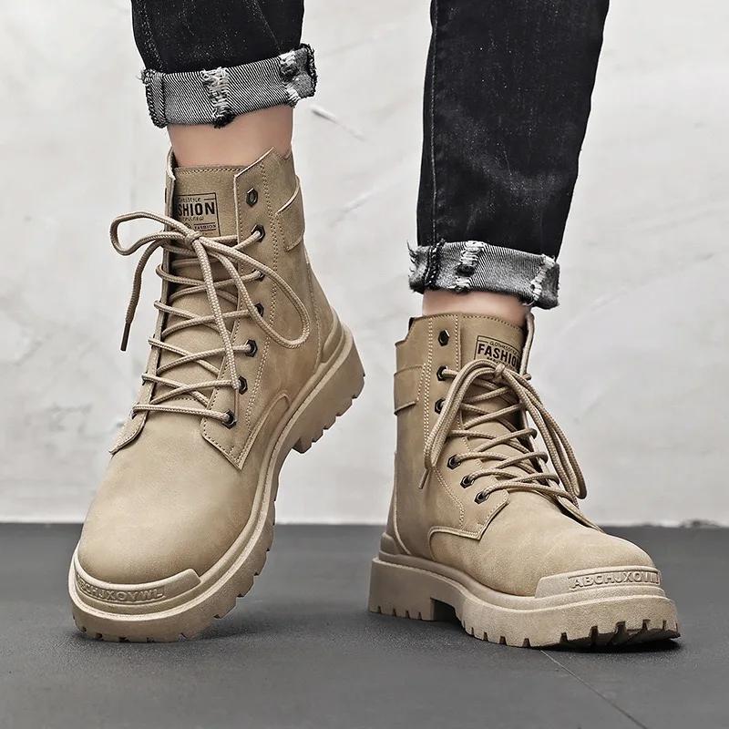 Men's Boots Fashion Motorcycle Ankle Boot New High Top Leather Boots for Men Non Slip Platform Work Safety Boot Botas Hombre