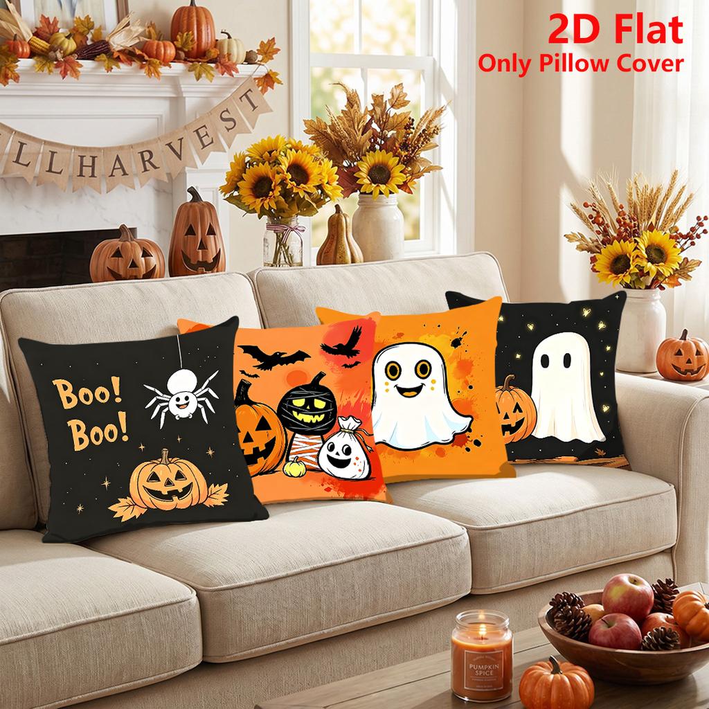 1pc Halloween Pumpkin Headed Ghost Print Polyester Pillowcase Home Decor Pillowcase Car Sofa Cushion Cover Home Halloween Decor 45x45cm