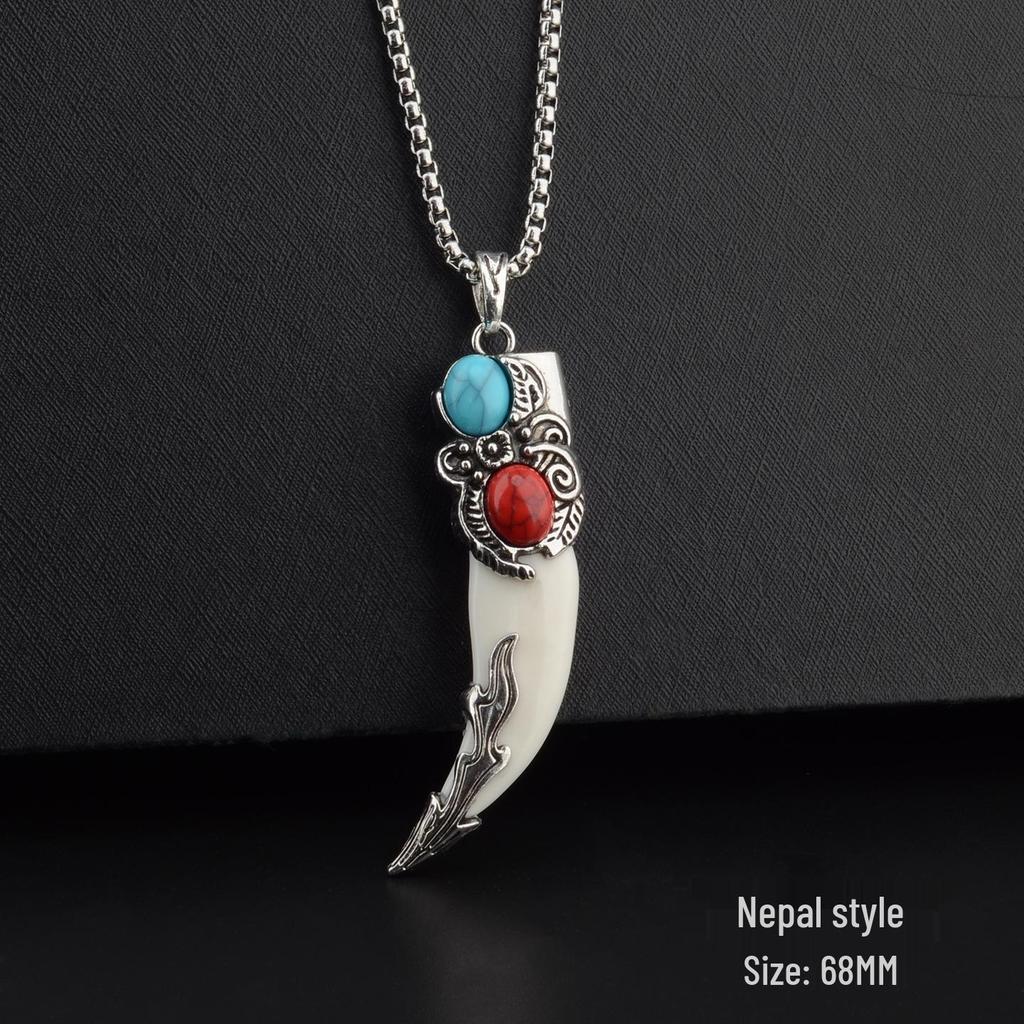 Men's Tibetan Faux Wolf Tooth Pendant Necklace, Titanium Steel Chain, Nepalese Style