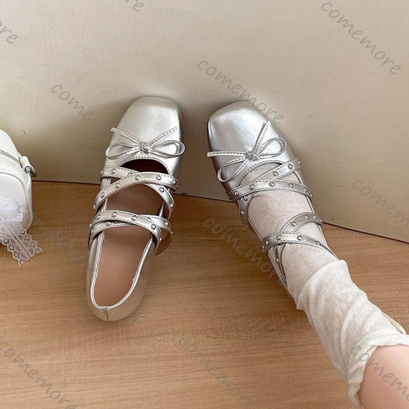 Comemore French Retro Shallow Mouth Mary Jane Shoes for Women Inner Heighten Square Head Single Shoes Cross Belt Solid Flats