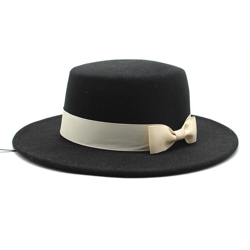 New style autumn and winter men's and women's flat-brimmed hats, fashion bows, flat-topped top hats, men's and women's woolen jazz hats