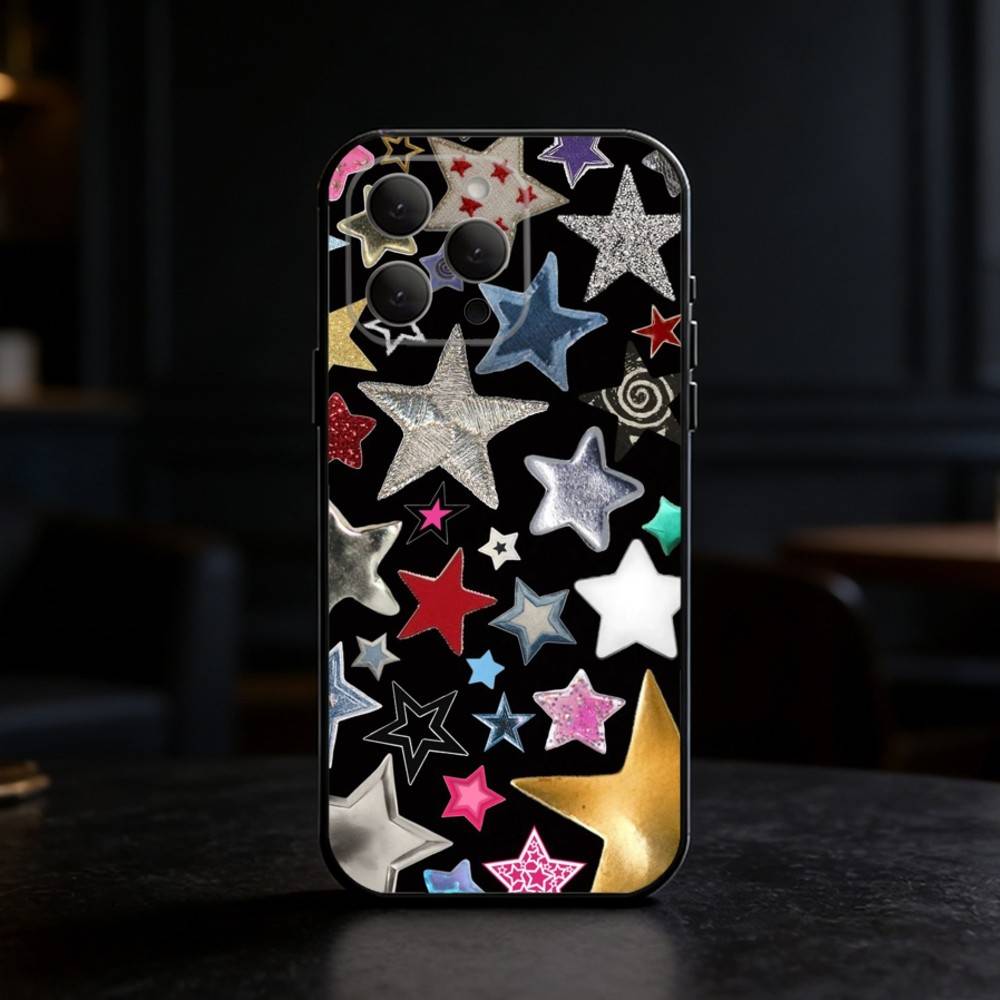Colorful Star Phone Case For iPhone 17,16,15,14,13,12,11 Plus,Pro Max,SE4Soft Silicone Black Cover