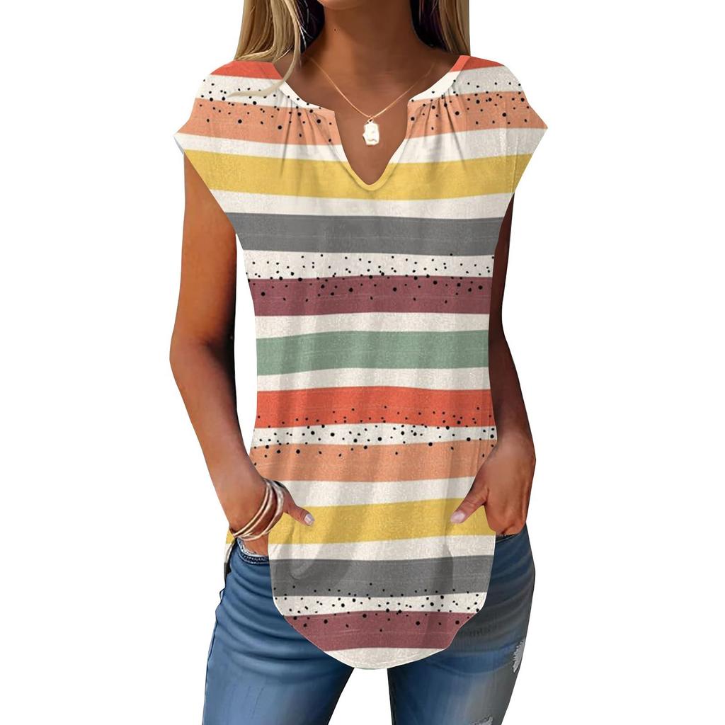 Summer Cap Sleeve T Shirts For Women Trendy Loose Casual Dressy V Neck Pleated Tunic Tank Tops