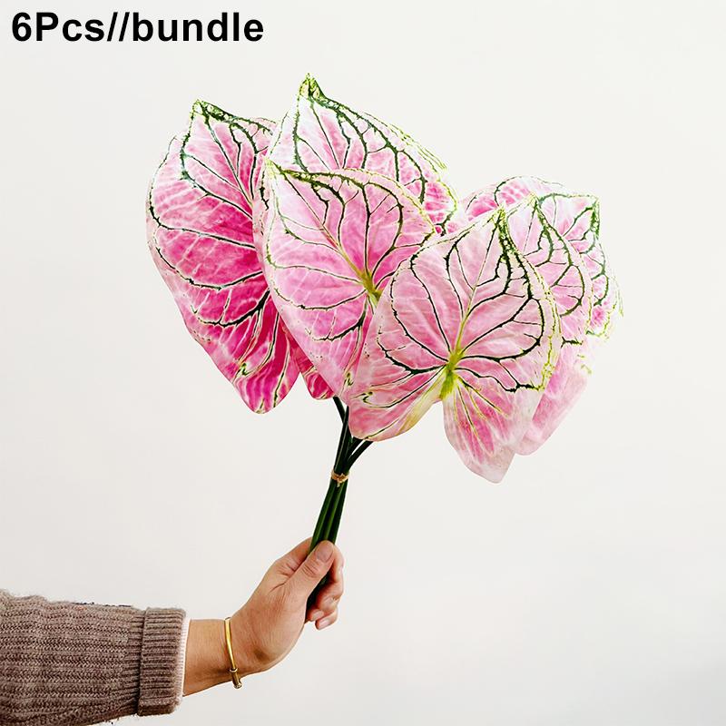 6 Stück Caladiumblatt Seidenblumen Blumengesteck Lange Stiele Künstlicher Bund Partydeko Kunstpflanzen Heimdeko Kunstgrün