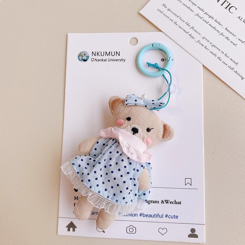 Handmade Linen Animal Keyrings, Soft Fabric Bear/Rabbit Bag Accessories,Cute Animal Plush Keychain, Kawaii Fabric Doll Bag Charms with Blue Clips