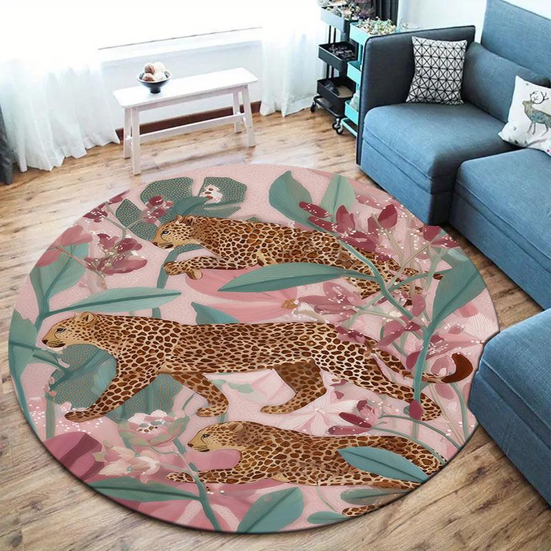 Roses and Tigers, Leopards Round Area Rug,Carpet Rug for Living Room Bedroom Sofa Playroom Decor,Non-slip Floor Mat
