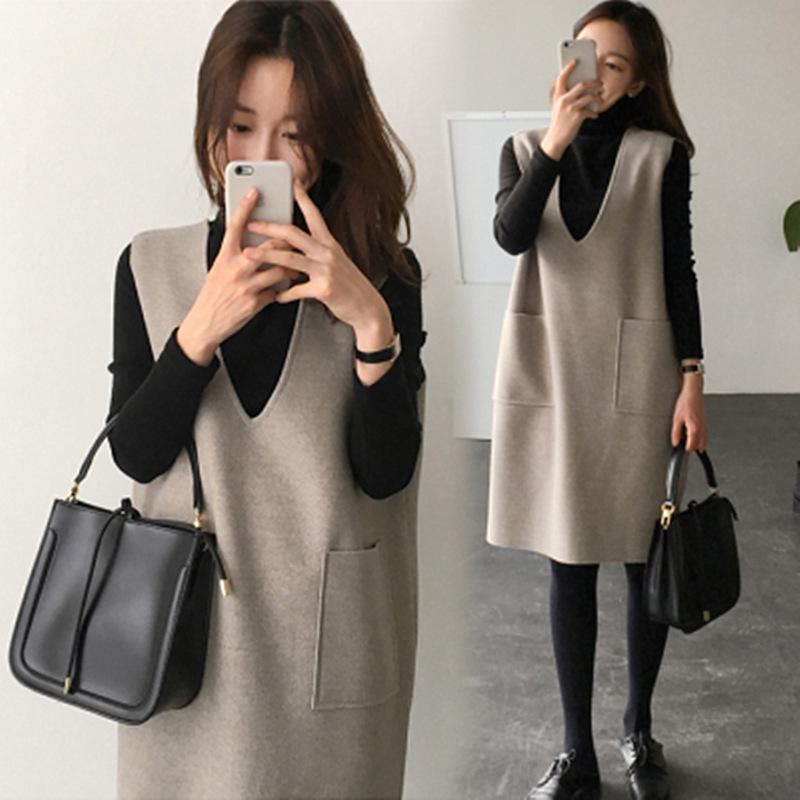 Korean Style Mid-Length V-Neck Vest Dress Set for Autumn/Winter - Two-Piece Casual Fashion