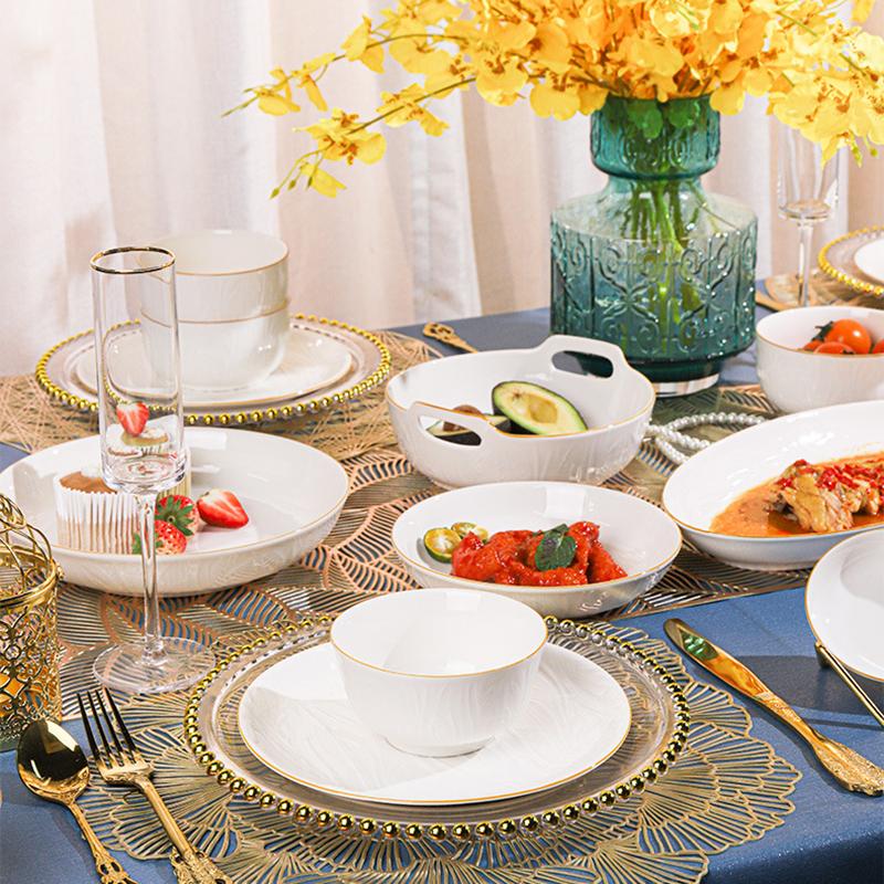 SHUNXIANG Ceramic Bowls Plates White Nordic Relief Dinnerware Dishes Rice Bowl Vegetable Plate Salad Soup Tray Kitchen Tableware