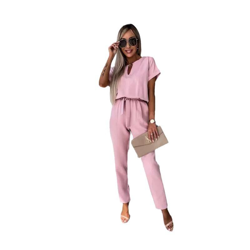 INS Summer V-neck Short Sleeve Elastic Waist Jumpsuit with Patch Pockets for Women