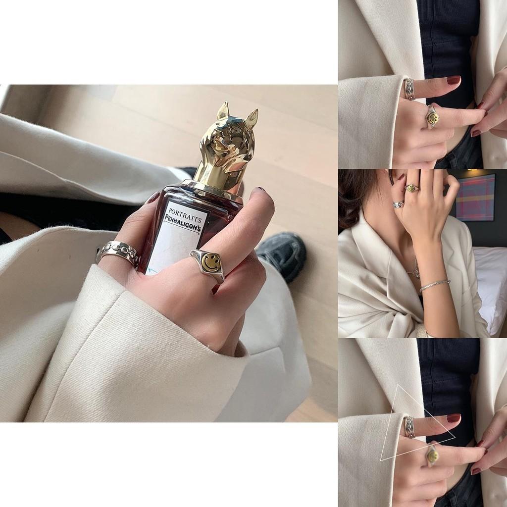 S925 Silver Vintage Smile Face Ring For Women Stylish And Minimalist Adjustable Band