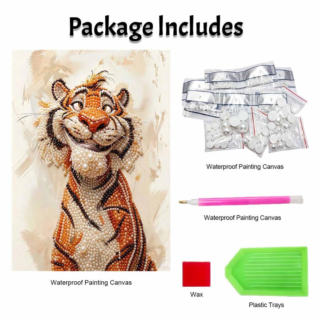 Stretched Frame Pearl Art Kit Smiling Tiger DIY Sparkling Bead Canvas Relaxing Hobby Perfect Gift for Craft Enthusiasts Art Project Decor Set