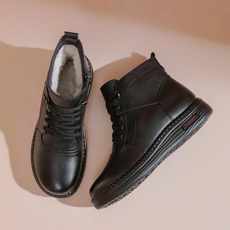 New 2024 Women Boots Women Genuine Leather Warm Wool Winter Boots Wedge Shoes Soft Bottom Anti Slip Woman Ankle Boots