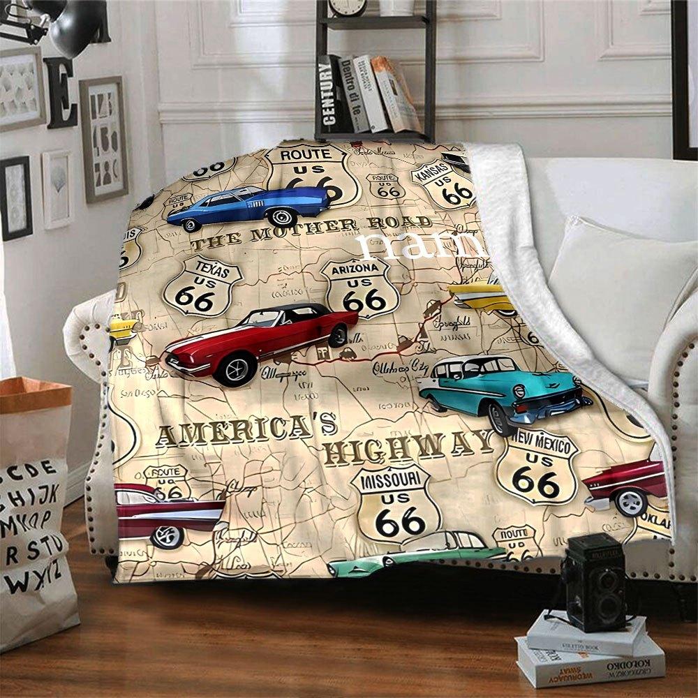 Route 66 Classic Cars Throw Customizable Blanket Personalized Text Soft Cozy For Sofa Couch Office Bed Picnics Ideal For All Seasons Cozy Home Lovers