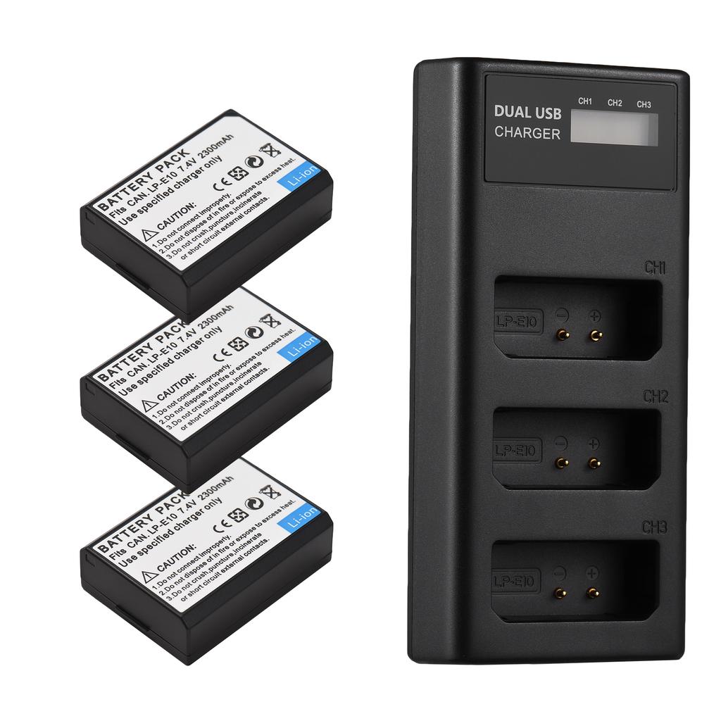 LP E10 Battery Charger 3 Slot Charger with LED Indicators Micro USB & Type C Port + 3pcs LP E10 Batteries 7.4V 2300mAh