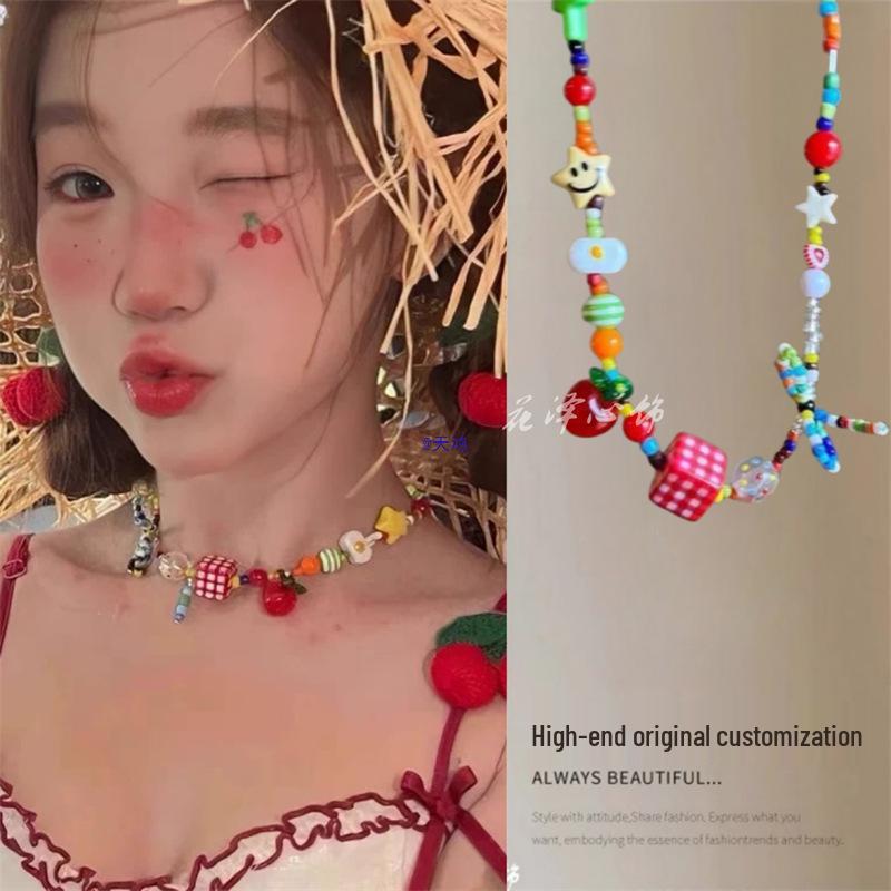 Grüner Apfel Mori Stil Perlenanhänger Halskette - Klare Schlüsselbeinkette für Frauen 'Fresh Park'