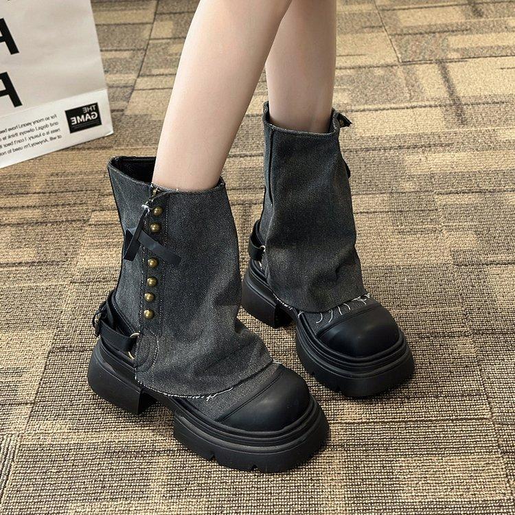 

Нишевый дизайн брюки сапоги женские корейская версия кукольная голова маффин ботинок ковбойские сапоги модные универсальные средние сапоги сигаретные сапоги 35