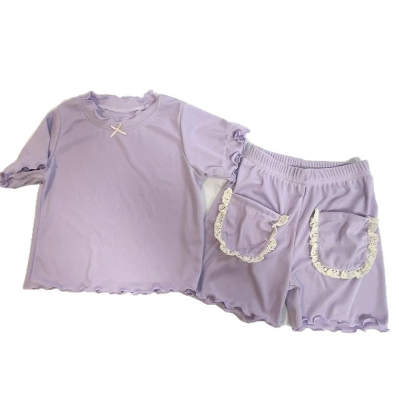 Letni koronkowy komplet z krótkim rękawem i spodenkami dla małych dziewczynek 2026