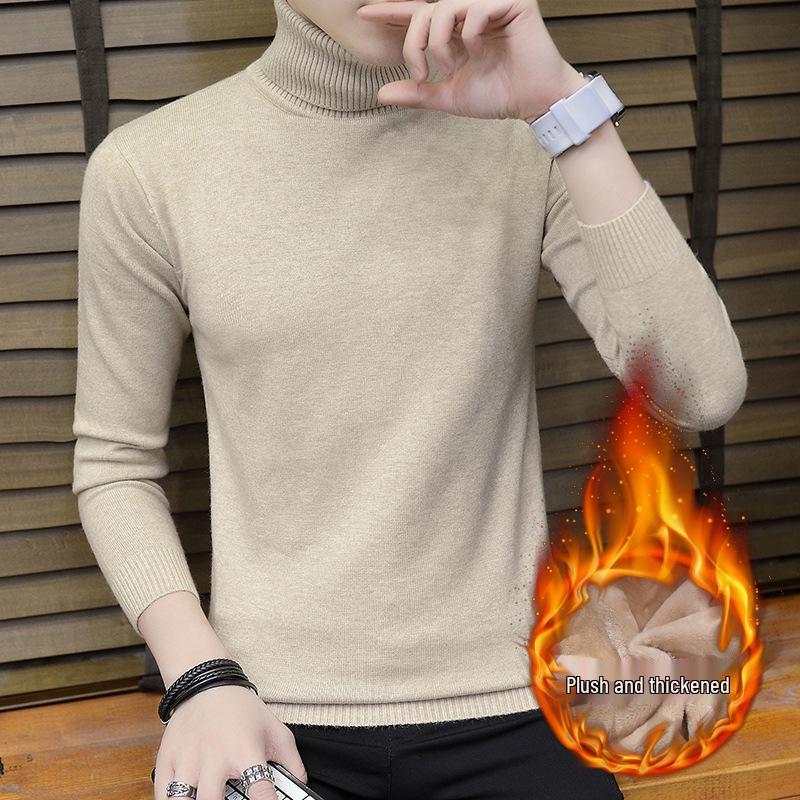Men's Solid Color High Neck Thickened Knit Sweater - Cozy Autumn/Winter Base Layer