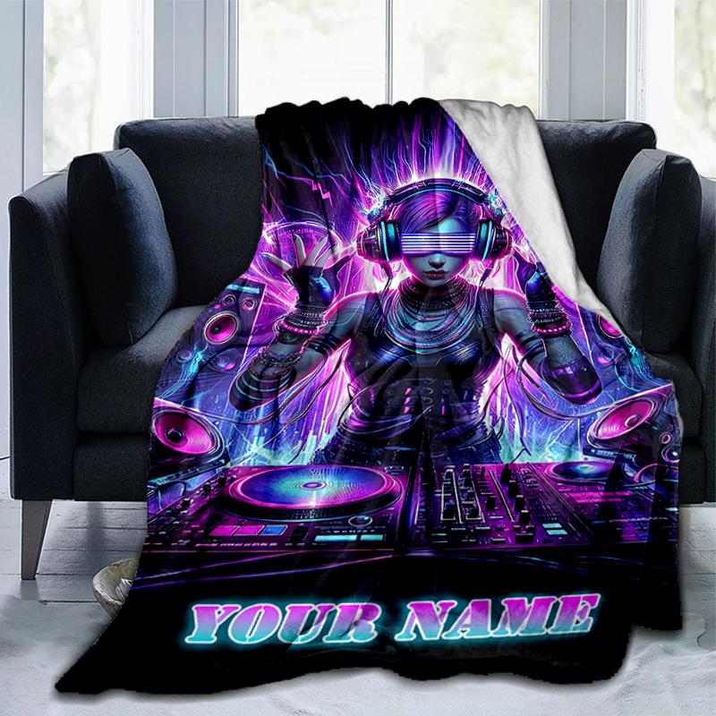 1PC Custom Name Neon Cyberpunk DJ Vibes flannel blanket versatile,all-season throw suitable for the living room,bedroom,camping,travel,and gift