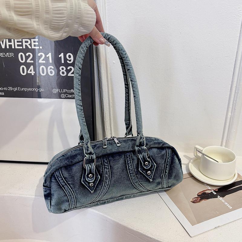Denim Baguette Shoulder Bag For Women With Vintage Style And Zipper Closure For Daily Use