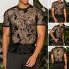 T-shirt da uomo estiva nuova con design floreale, floccata, girocollo, rete trasparente, manica corta sottile