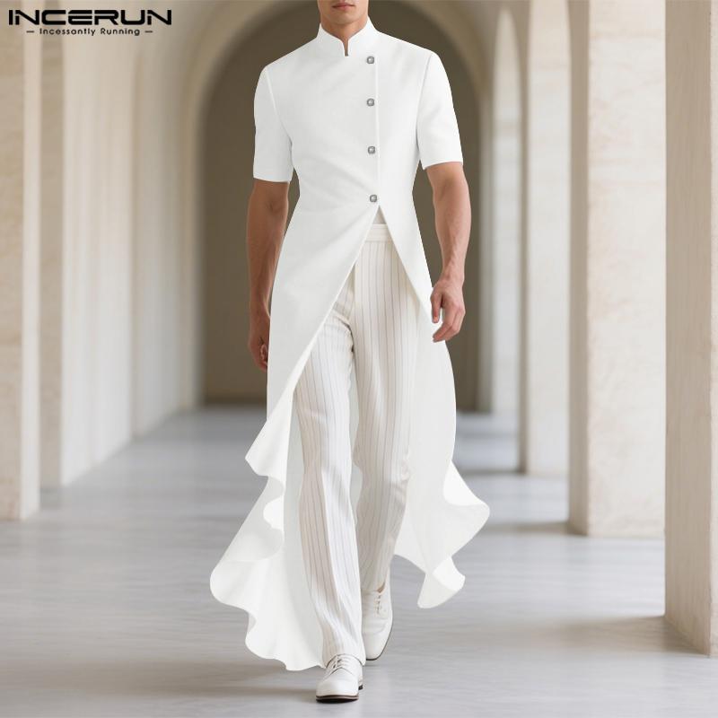 Stand Short Neck Men Incerun Sleeve Casual Split Irregular Ruffled Long Tunic Tops