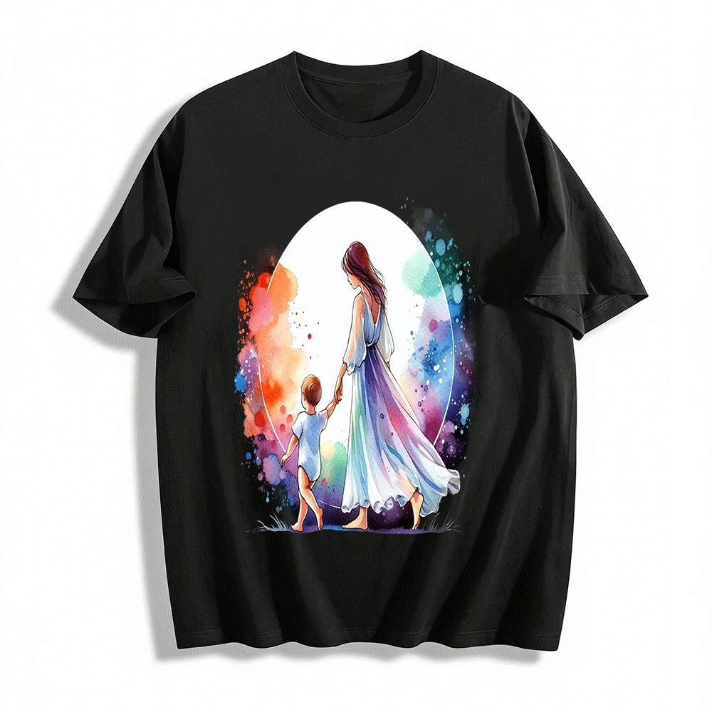 Watercolor Mother Child Holding Hands Warm Print Parent-Child Outfits Pure cotton T-shirt XXS