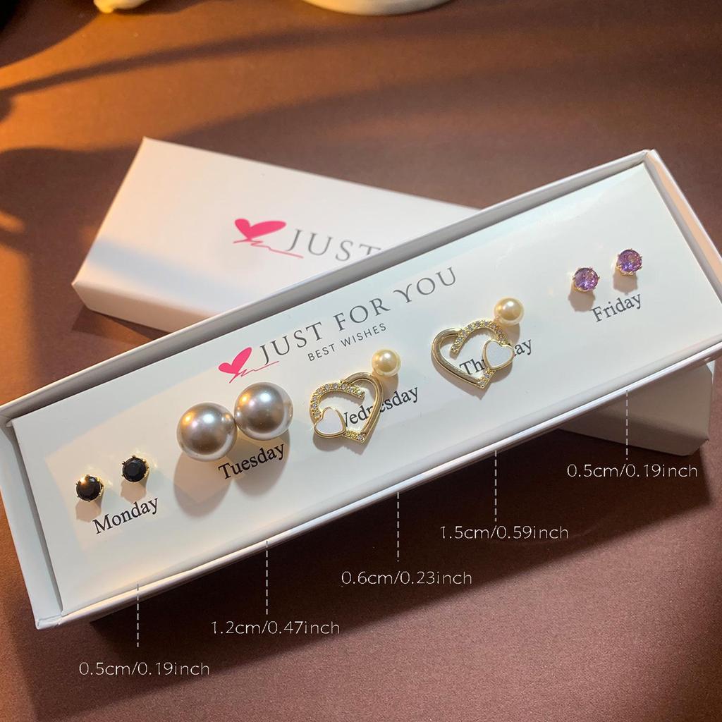 Weekly Earring Set: Flower Zircon Studs, Simple Ear Cuffs, Pearl Tassel French Earrings - 5 Pairs