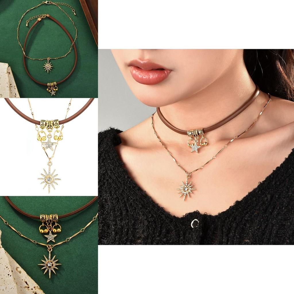 Stylish Two-layer Choker Necklace Set For Women With Rhinestone Stars And Flowers