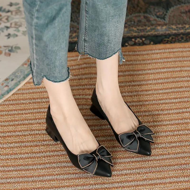 

Модные женские туфли-лодочки мокасины с бантом черные массивные каблуки блочный каблук женская обувь на распродаже корейский стиль модная обувь молодежная обувь 39 41
