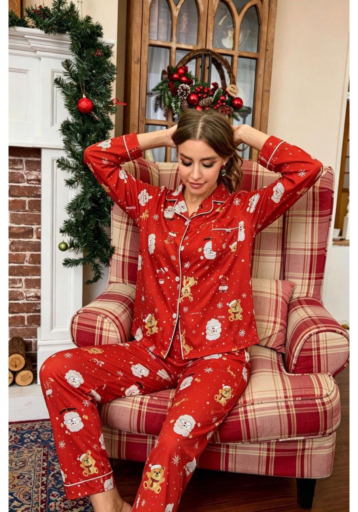 European & American Women's Christmas Lapel Pajama Set - Casual Style, Long Sleeve & Pants