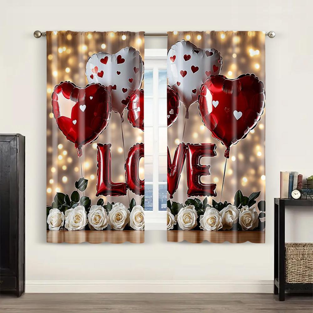 2pc, Window Curtains Valentine's Day Truck Background Romantic Love Balloons Versatile Fabric,Without Electricity Festive