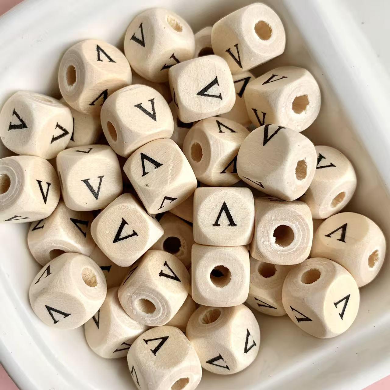 10mm/8mm Natural Wood Square Beads with English Letters - High-Quality Toy Beads 8mm x 8mm