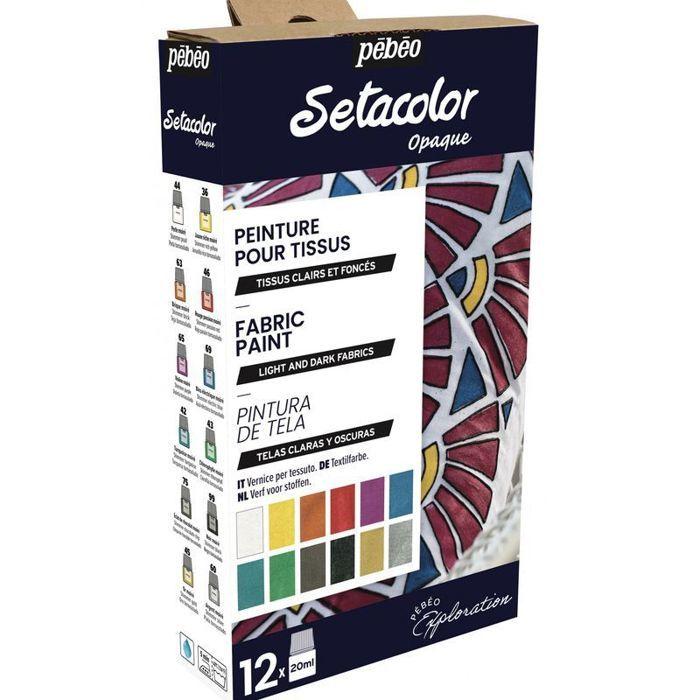 Peinture Tissus - Pébéo - Setacolor Set Initiation - Opaque Mat - 12 Flacons de 20 ml - Couleurs Modernes