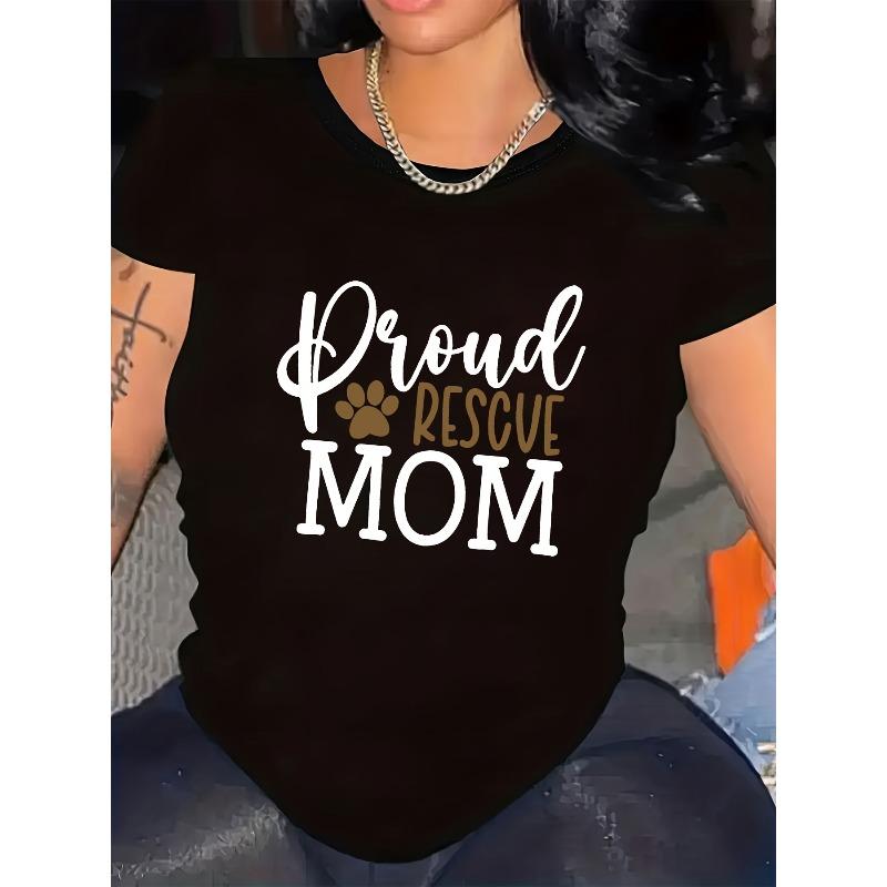 European Size Women's Dog Rescue Mom Paw Print & Heart T-Shirt - Pet Lover Apparel, Summer Casual Crew Neck Tee, Regular Fit for Adoption Awareness