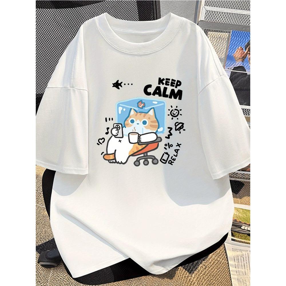Cartoon Cat Pattern Printed Design Women Pure Cotton Short Sleeved Tshirt American Minimalist Style Top Loose Shirt Street Wear