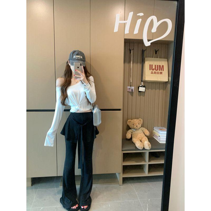 Kumikumi Pure Desire Style Set Sloping Shoulder Temperament Long sleeves Shirt Women Autumn Slim fit Slimming Bootcut Trousers Two-piece Set