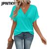 JPNTKY Women's Fashion Casual Solid Color Print Short Sleeve V Neck Blouses & Shirts