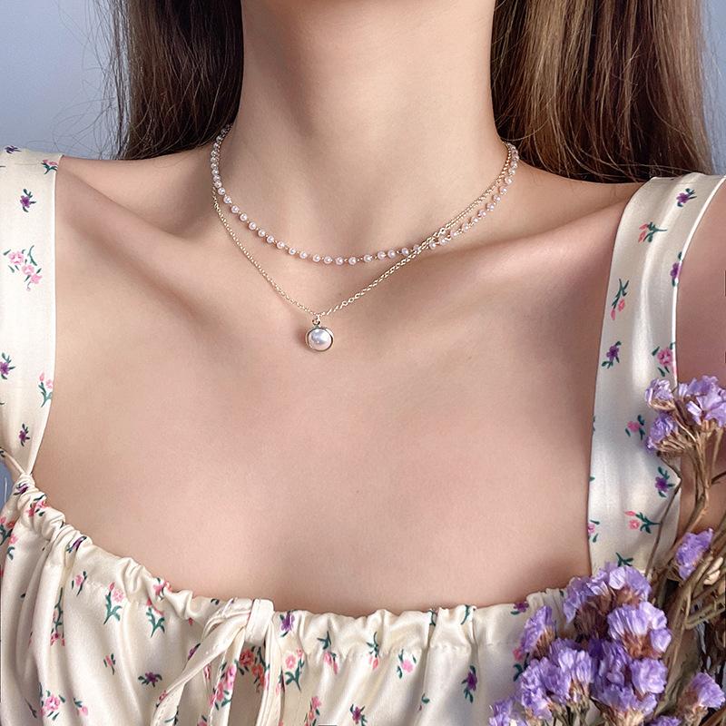 Fashion Double-layer Pearl Collarbone Chain Temperament Retro Cold Wind Pendant Design Sense Personality Versatile Necklace Women