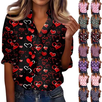 Women's 3/4-Sleeve V-Neck Shirt Printed Workwear Casual Regular Shirt Collar Top
