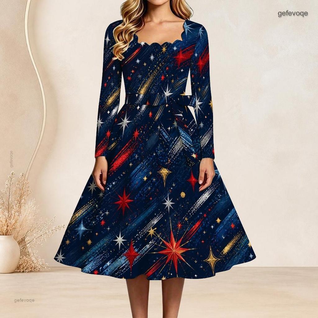 Plus Size Women Square Neck Long Sleeve Dress With Belt Red Blue Gold Star Firework Glitter Print Swing Dress