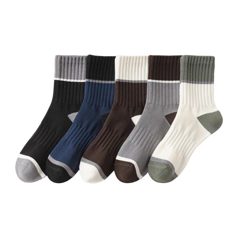 "Zhuji Men's Autumn/Winter Stripe Socks: Mid-Tube, High Elasticity, Non-Slip, Business Style."