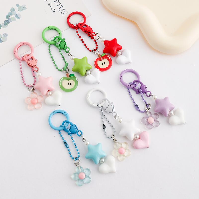 Starfish Beaded Keychain Imitation Pearl Acrylic Pentagram Keyring Girls Earphone Case Phone Decor Ornaments