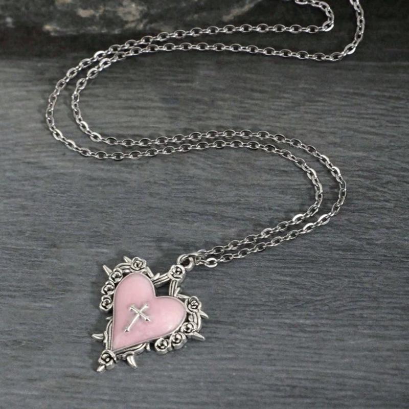 Gothic Y2K Subculture Black Heart Bow Thorn Flower Cross Heart Pendant Necklace Subtle Design Choker Necklace