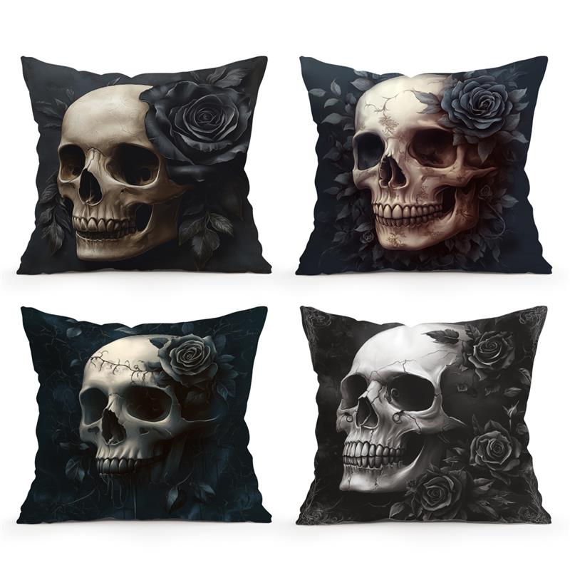 Halloween Skeleton Rose Cushion Pillowcase Printed Polyester 45X45Cm Throw Pillowcover Decorative Sofa Cushion Pillowslip Decor