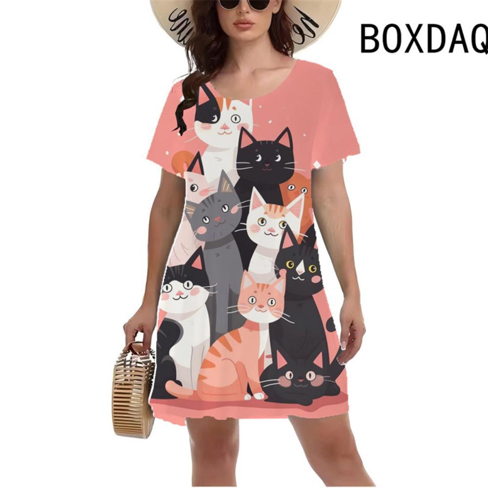 

Ladies Summer Short-sleeved Casual Dress Funny Cartoon Animal Cat Pattern Printed Mini Dress Women Beach Party Dress S