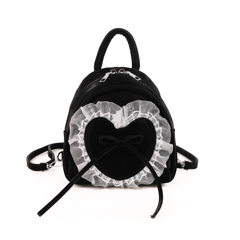 

And Sweet Doll Bow Lace Decoration Student Mini Backpack For Daily BlackHeart